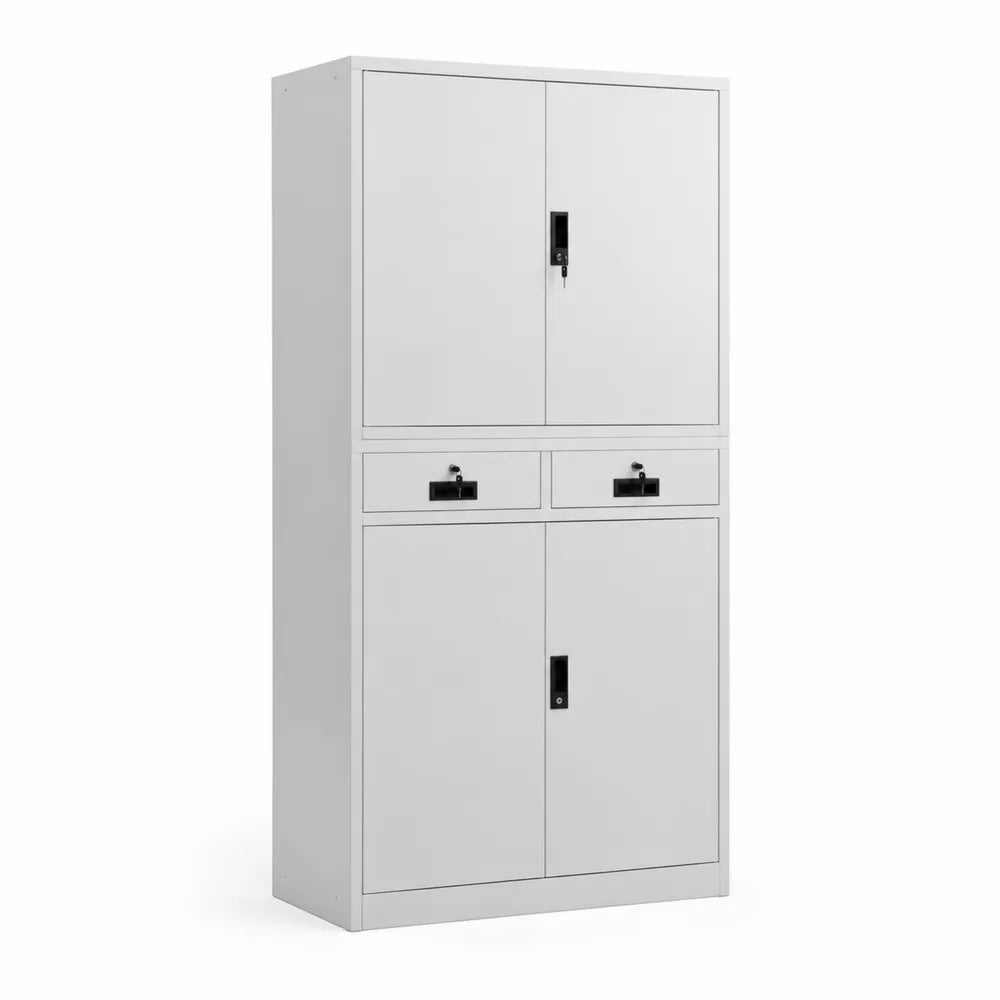 Stahlschrank mit 4 Türen und 2 Schubladen Grau